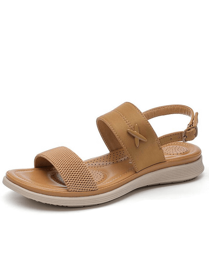 Women's outdoor flat beach sandals in tan with buckle strap, PU leather, TPR outsole, and 0-3cm platform for casual comfort.